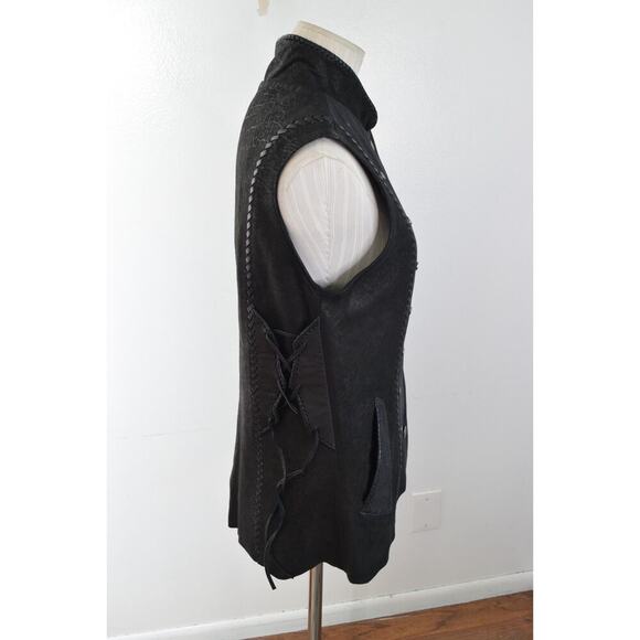 Tribe America Leather Vest Womens 6 Native Beaded Fringe Western Cowgirl Black - Picture 5 of 8